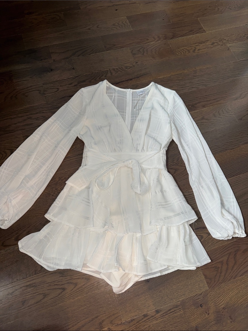 White Tiered Long-Sleeve Wrap Romper
